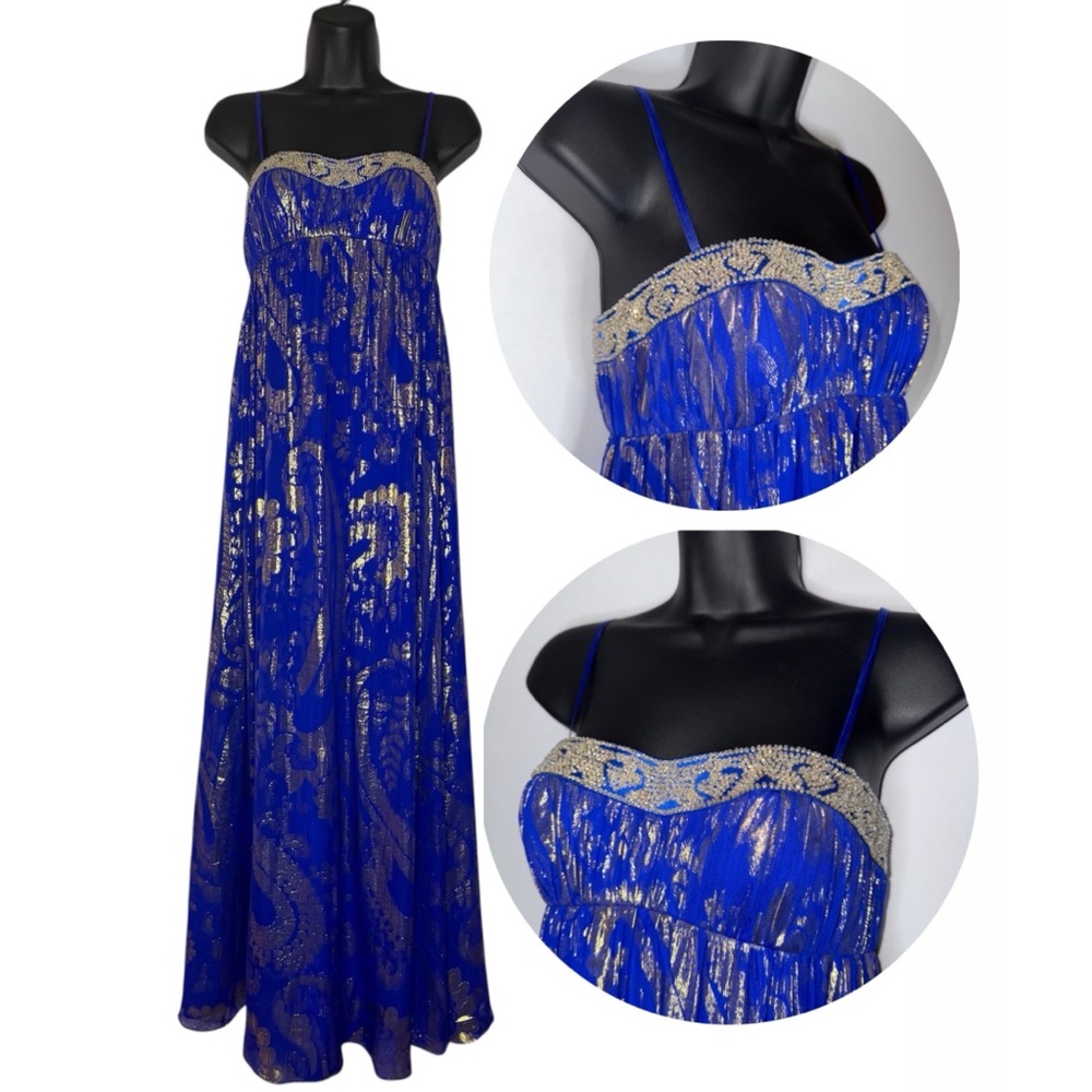 VTG Beaded Elegant Blue and Metallic‎ Gold Silk Gown Floor Length Dress Prom